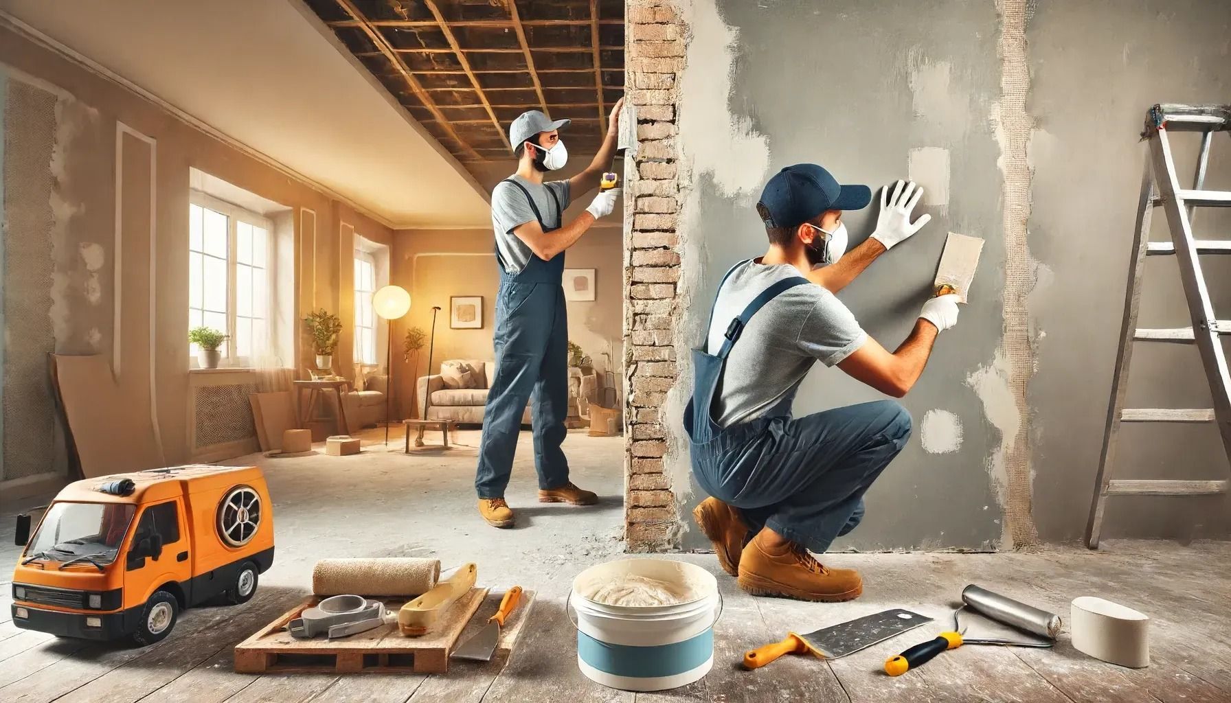 A couple of men are working on a wall in a room.