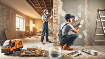 A couple of men are working on a wall in a room.