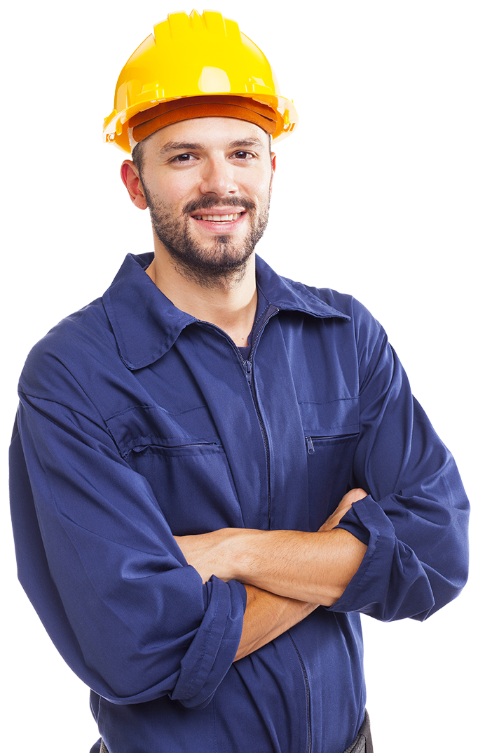 A man wearing a hard hat is standing with his arms crossed