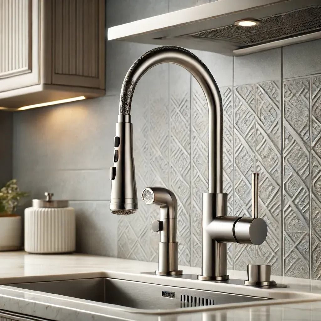 A kitchen sink with a stainless steel faucet on it