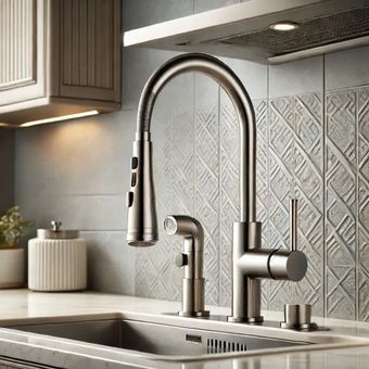 A kitchen sink with a stainless steel faucet on it