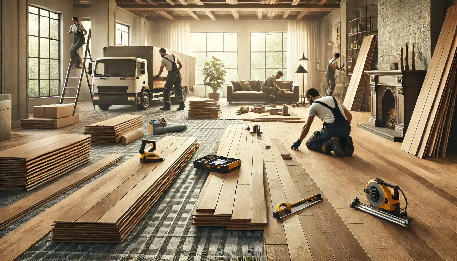 A group of people are working on a wooden floor in a living room.