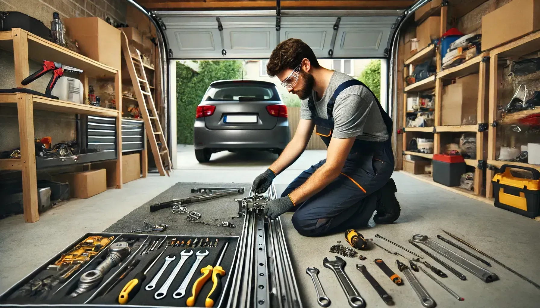 A man is kneeling down in a garage working on a car.