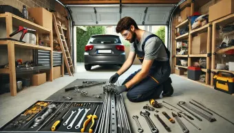 A man is kneeling down in a garage working on a car.