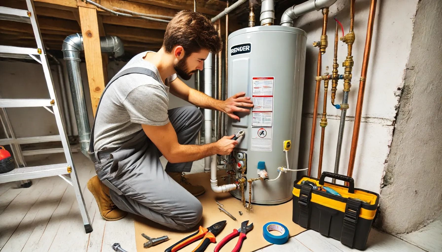 A man is kneeling down in a basement fixing a water heater.