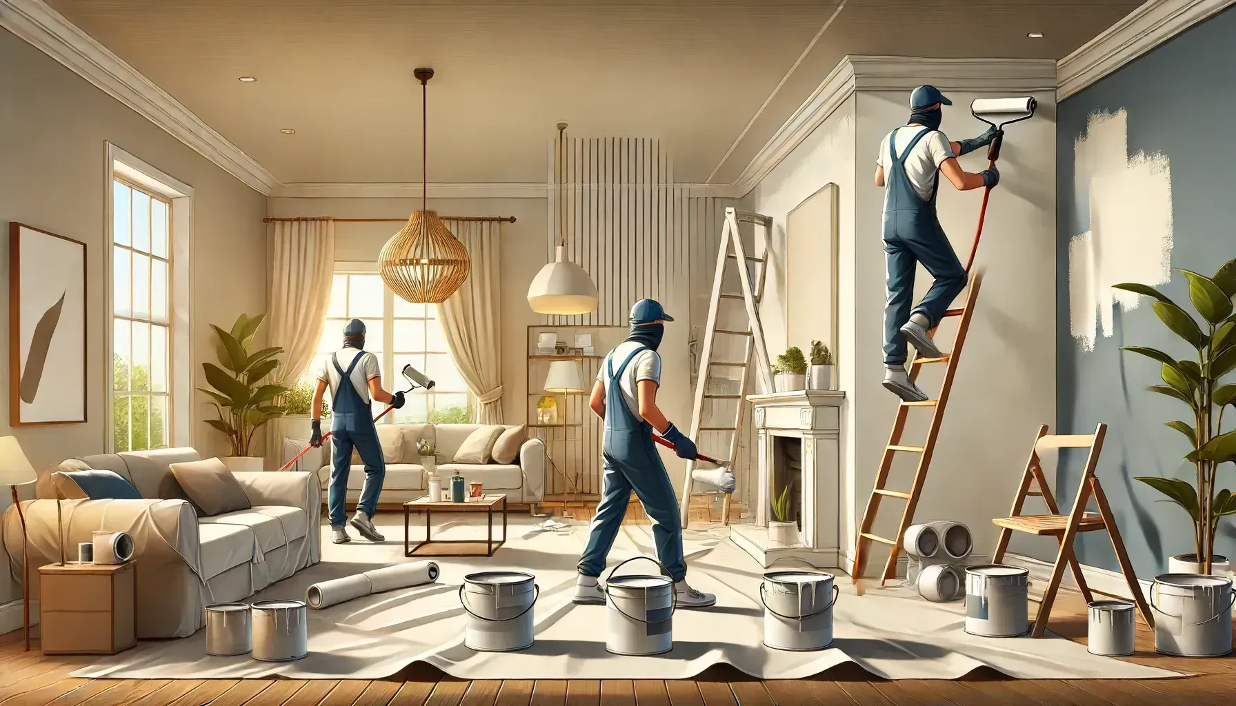 A group of people are painting a living room.