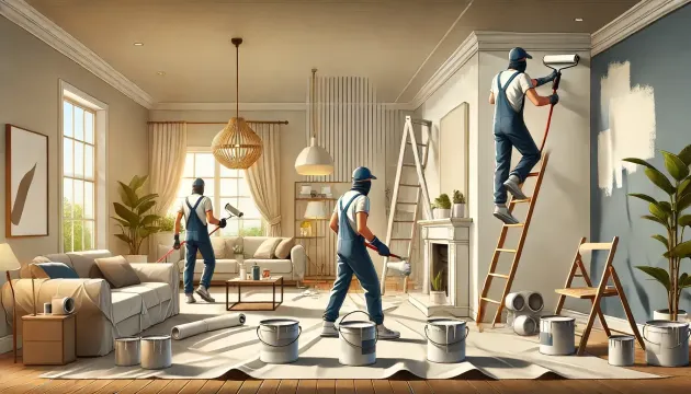 A group of people are painting a living room.