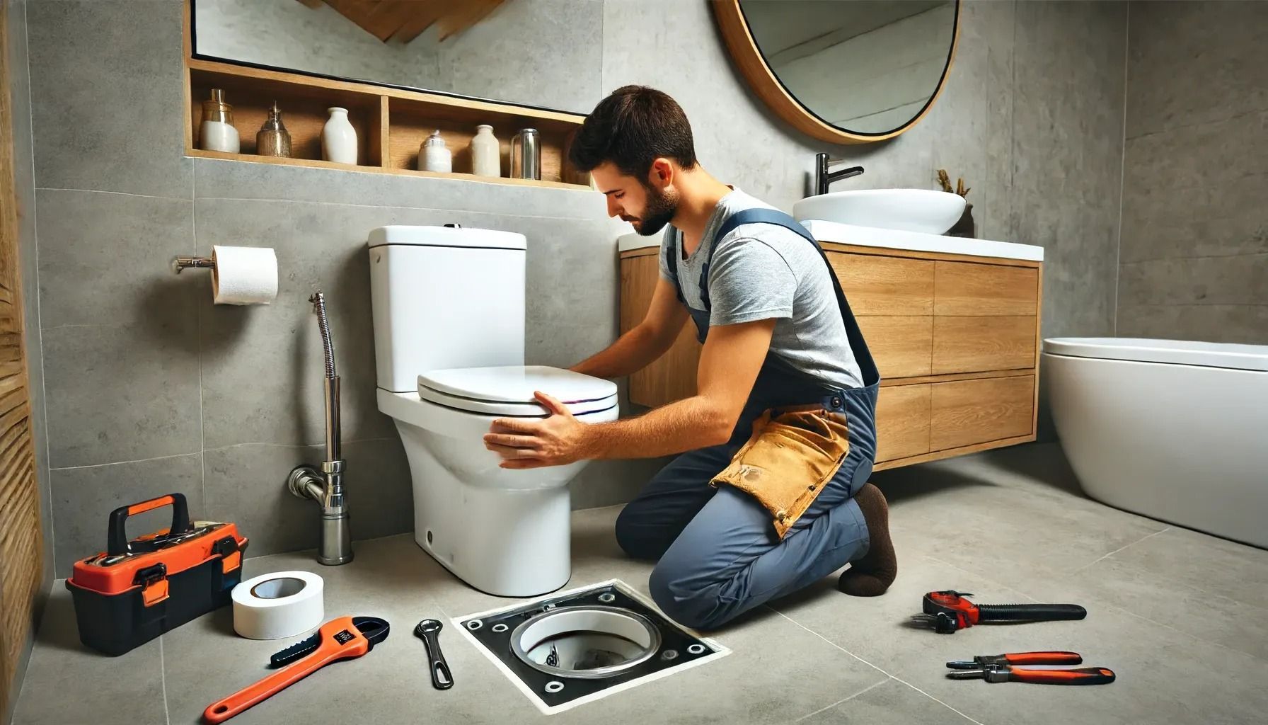 A man is kneeling down in a bathroom fixing a toilet.