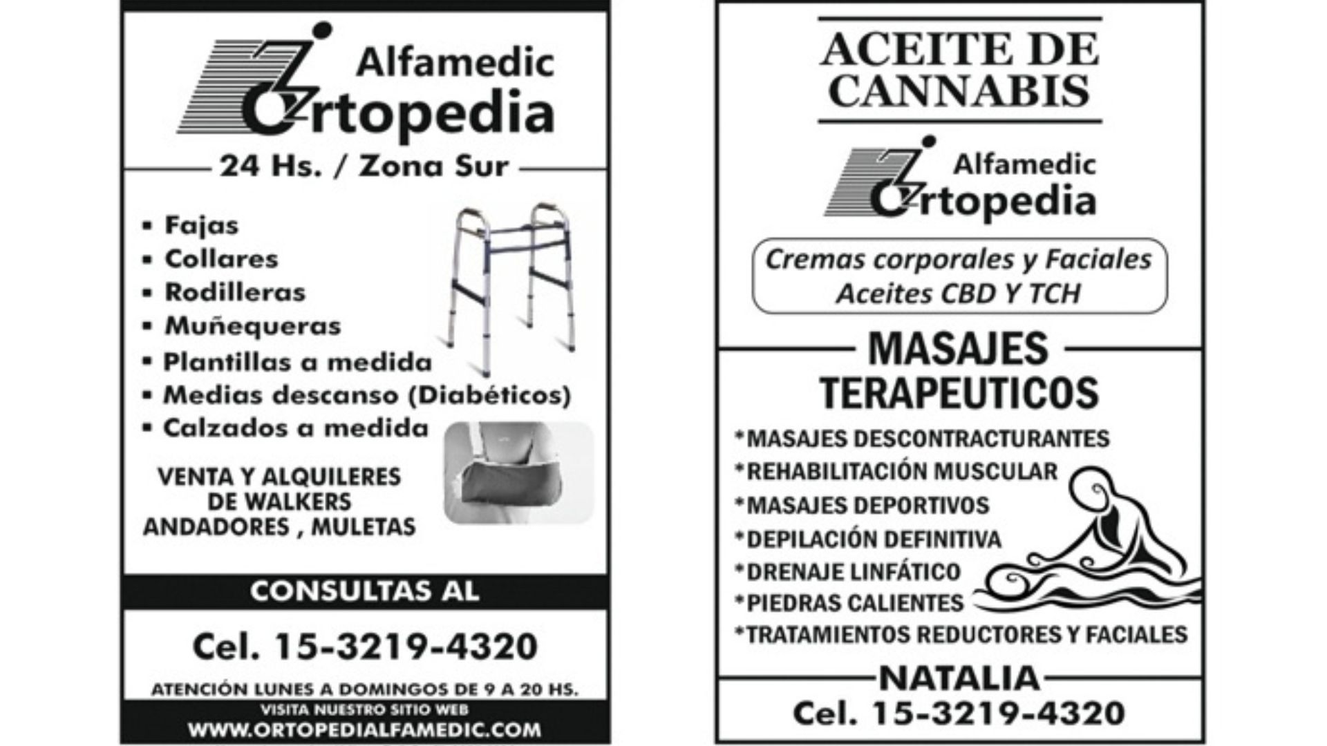 Dos anuncios de Alfamedic Ortopedia. Izquierda: suministros ortopédicos. Derecha: aceite de cannabis, masaje terapéutico.