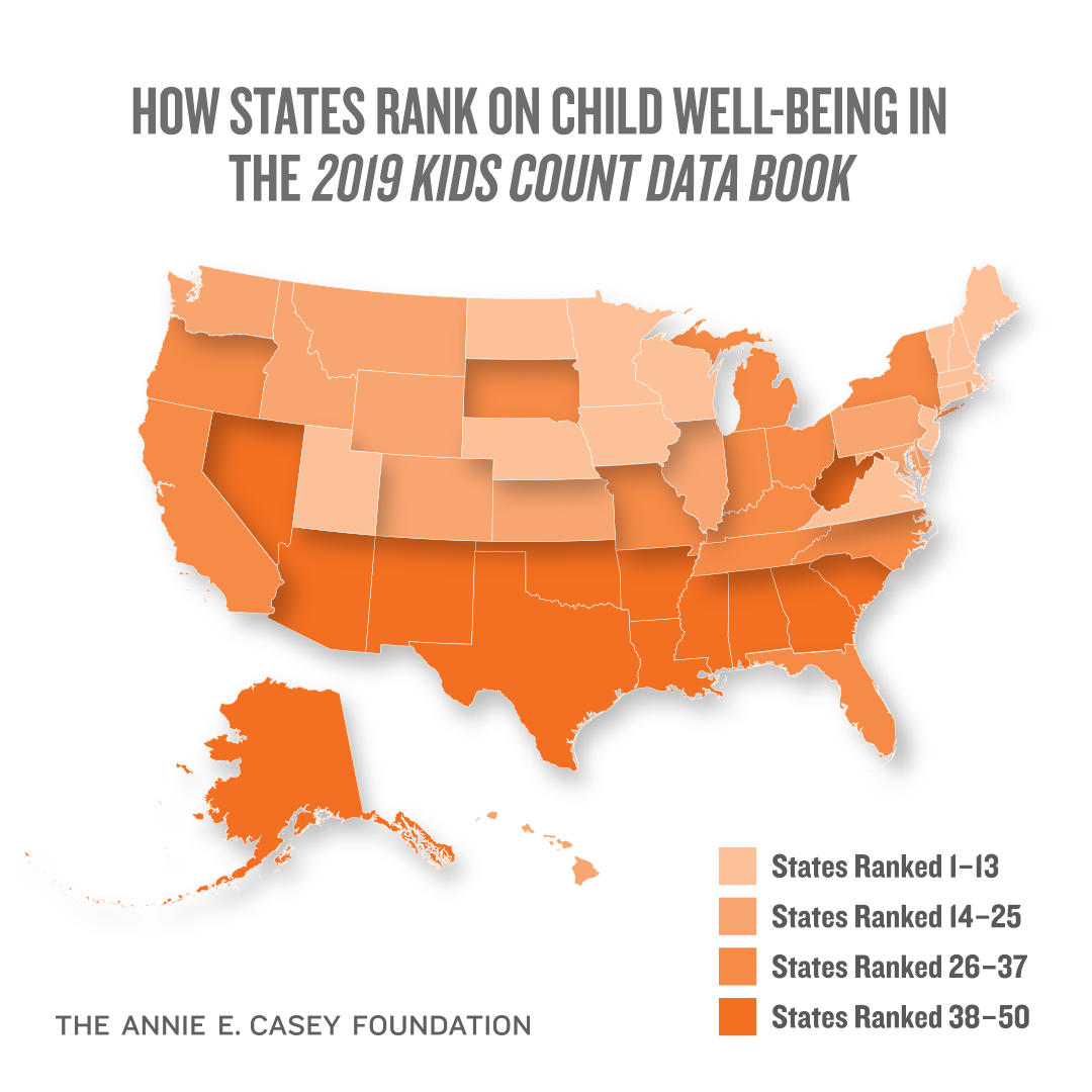 A map showing how states rank on child well-being in the 2019 kids count data book