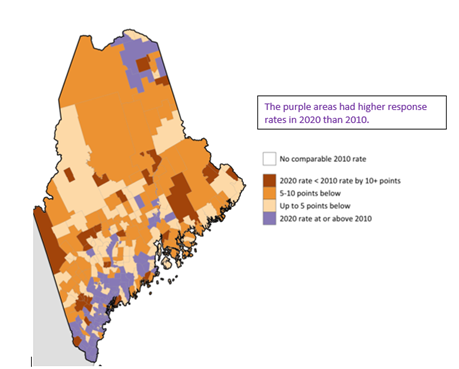 A map of maine showing the purple areas had higher response rates