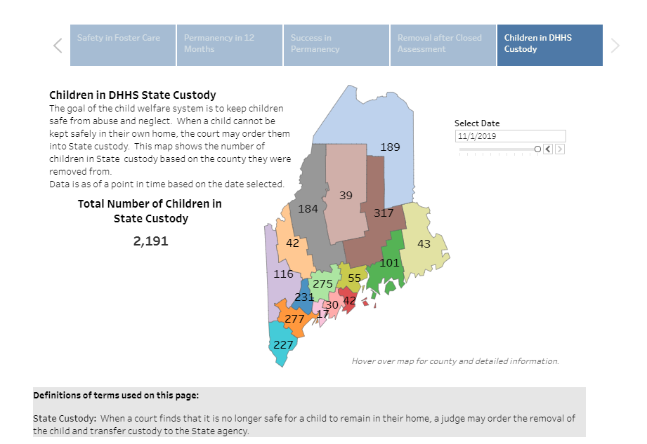A map of maine showing the number of children in each state.