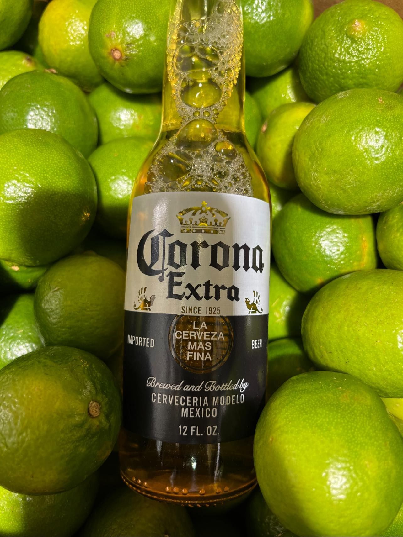 A bottle of corona extra is surrounded by limes