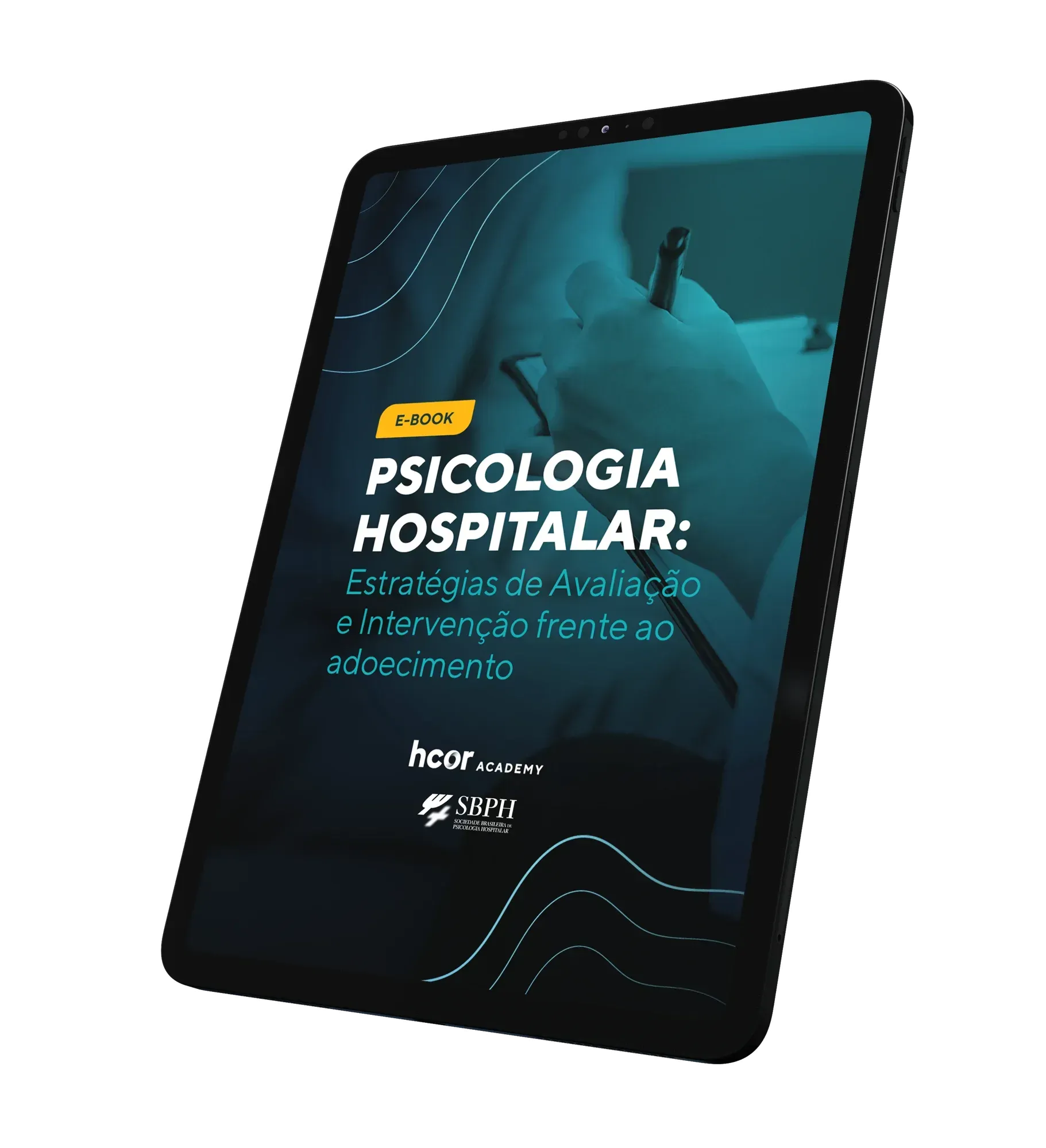 Um tablet com um livro na tela intitulado psicologia hospitalar.