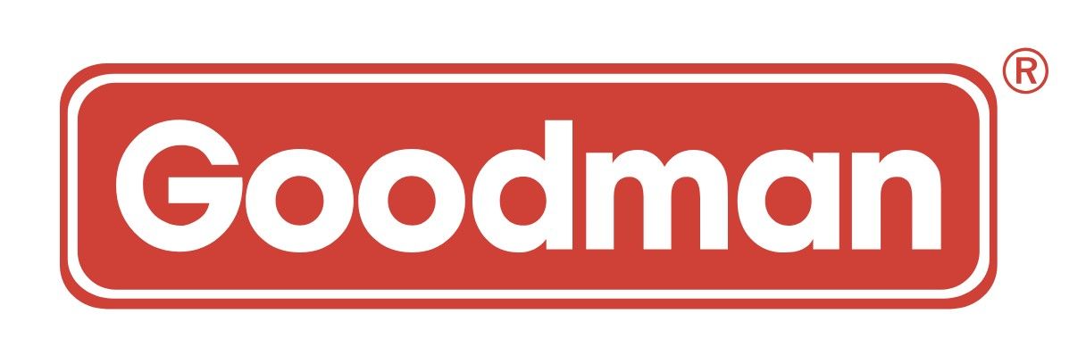 A red and white goodman logo on a white background.