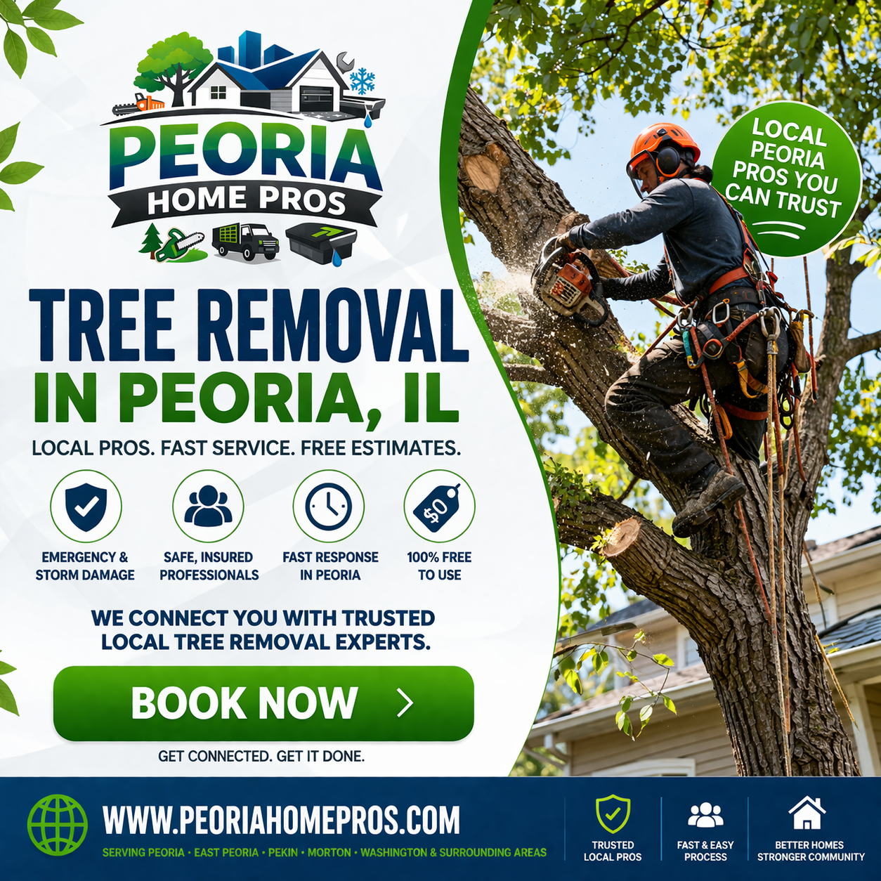 An advertisement for Peoria Home Pros, featuring a tree worker removing a tree with a chainsaw, with booking information.