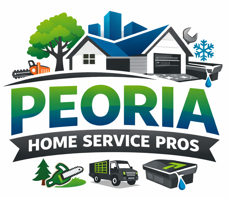 Logo for Peoria Home Service Pros with a house, tree, tools, and a service truck against a green and blue background.