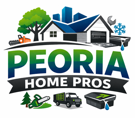 Logo for Peoria Home Service Pros with a house, tree, tools, and a service truck against a green and blue background.