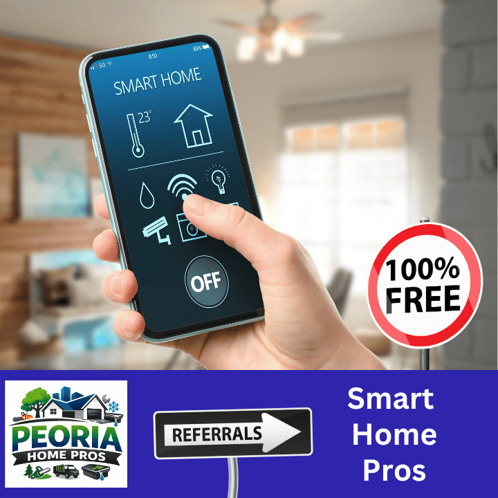 A hand holds a smartphone displaying a smart home control app, alongside a