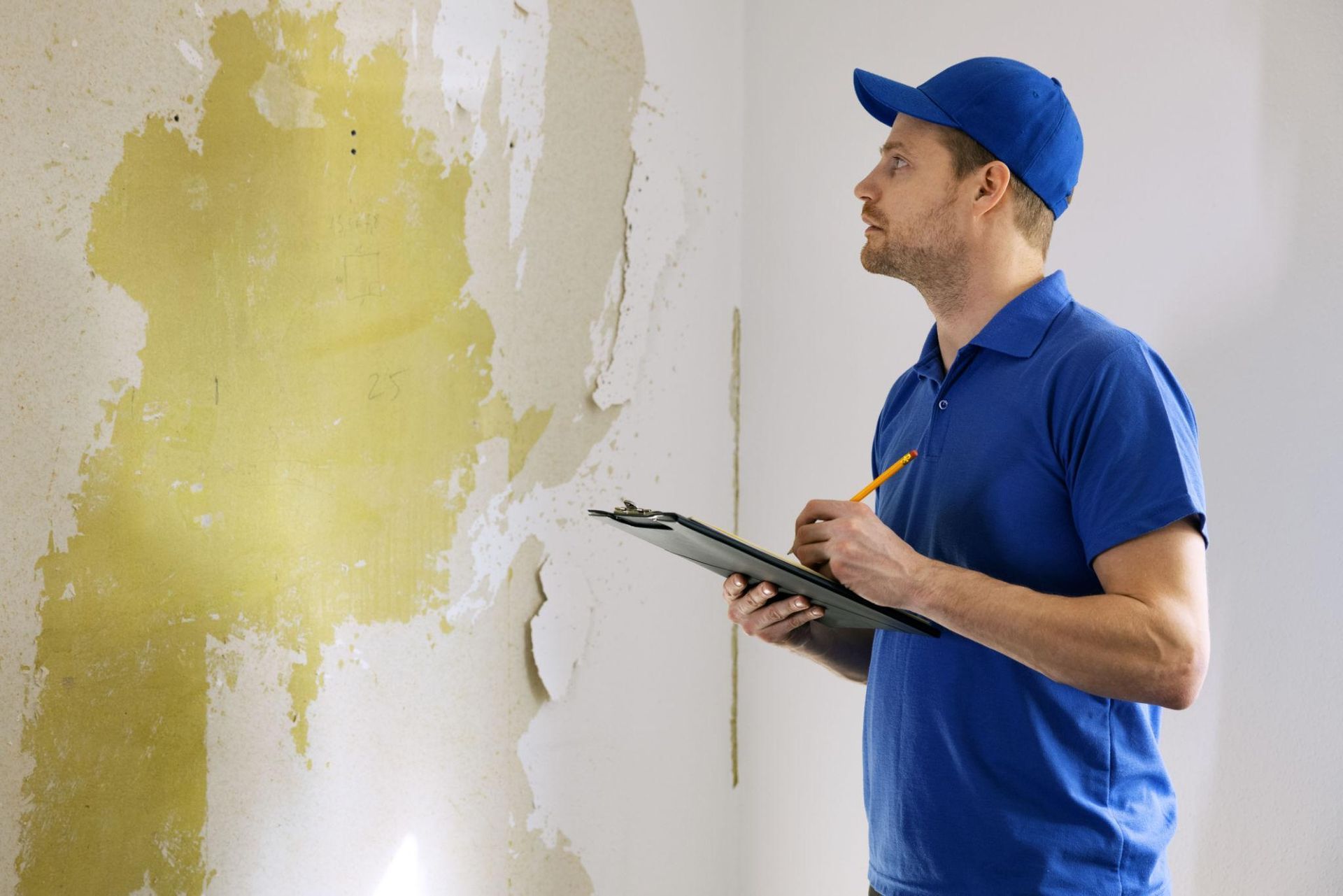 A person in a blue uniform and cap takes notes on a clipboard while inspecting a wall with peeling paint.
