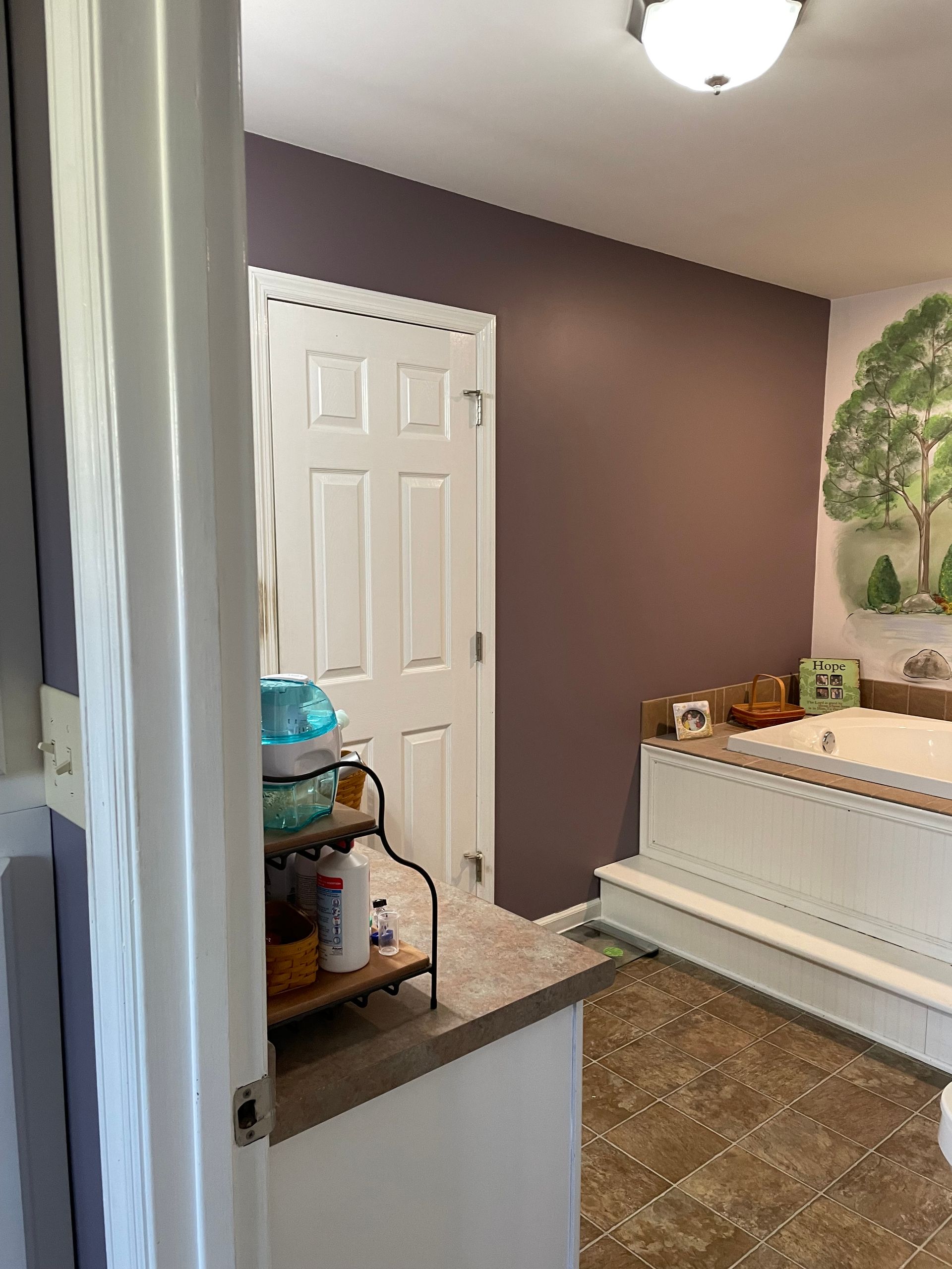 Blue floral bathroom with a corner tub, red flowers, and a vanity with mirror in an adjoining room