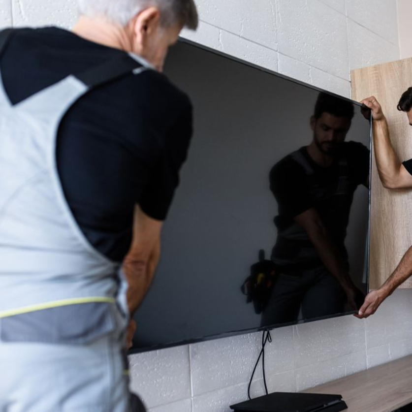 Two technicians in work uniforms carefully mounting a large television onto a light-colored brick wall.