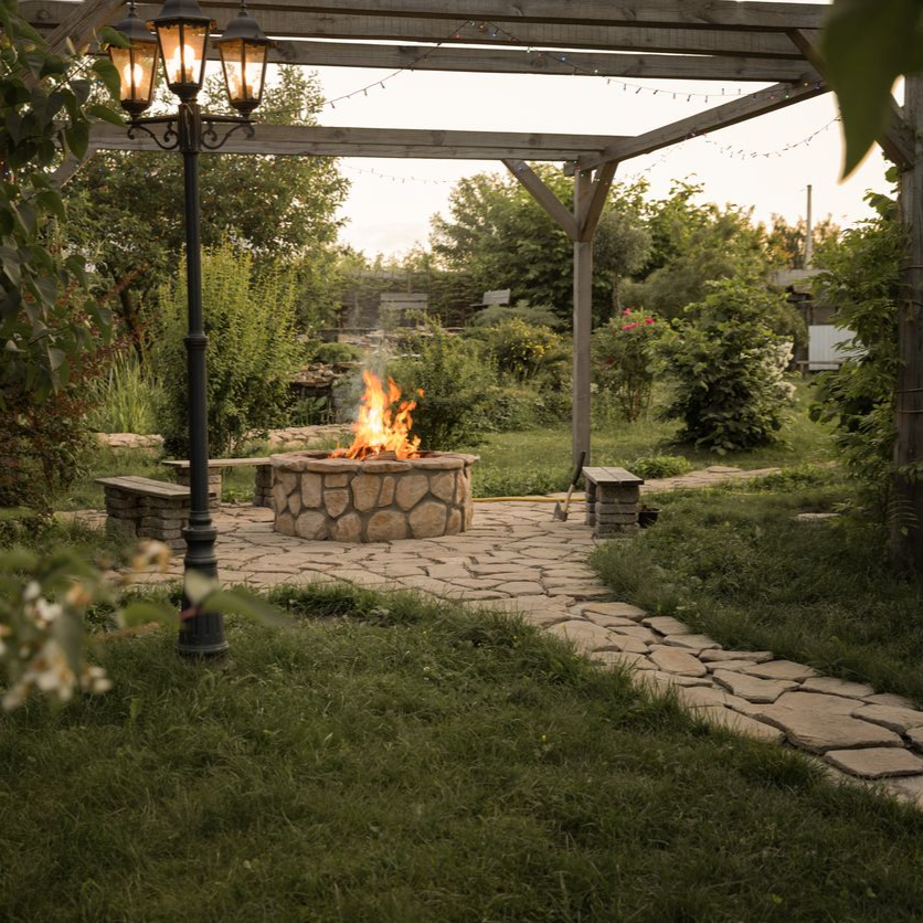 A fire burns in a stone pit on a flagstone patio under a wooden pergola, illuminated by a nearby ornate street lamp.