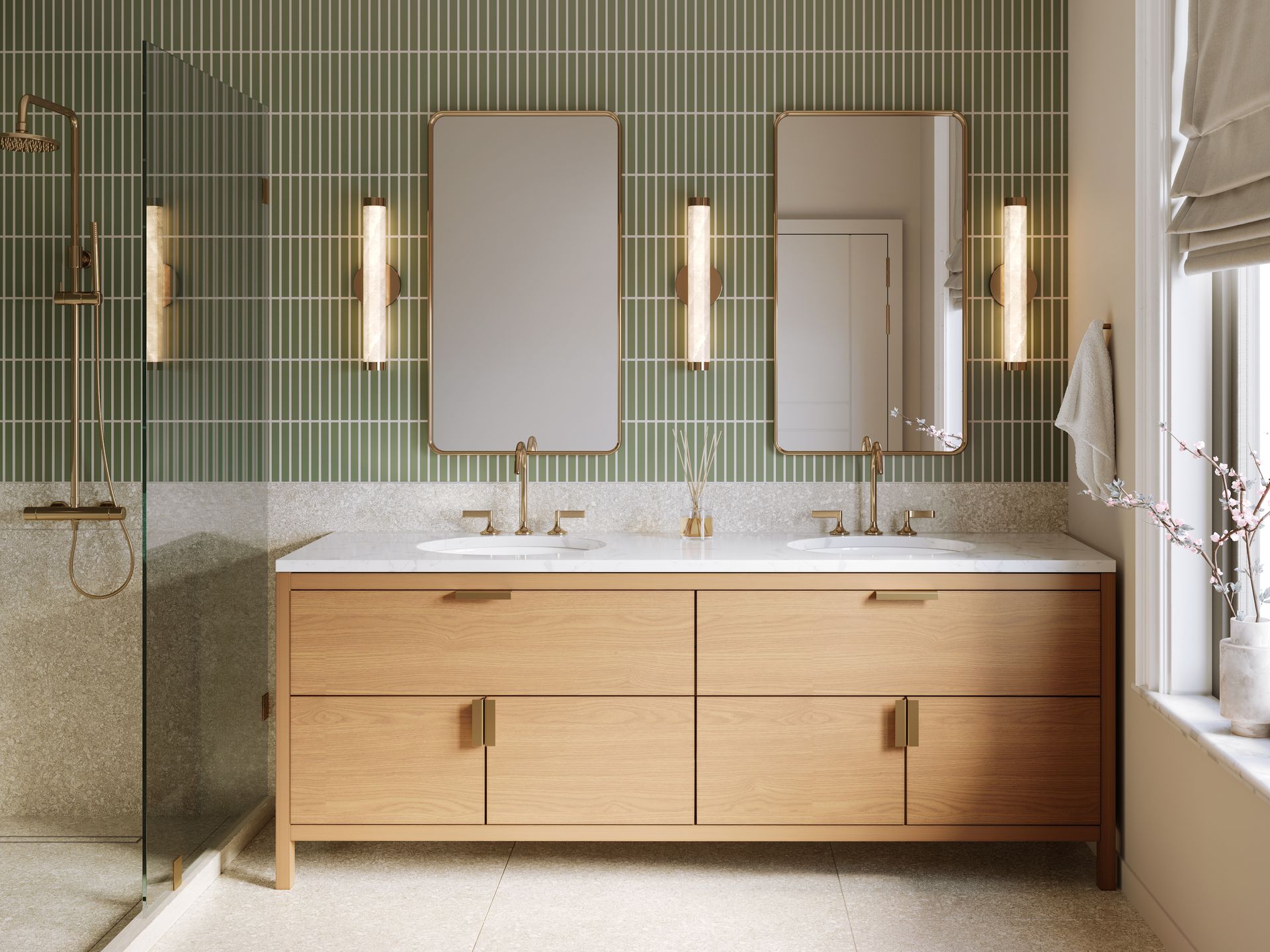Modern bathroom with green tile wall, double vanity, mirrors, and white sinks by a window