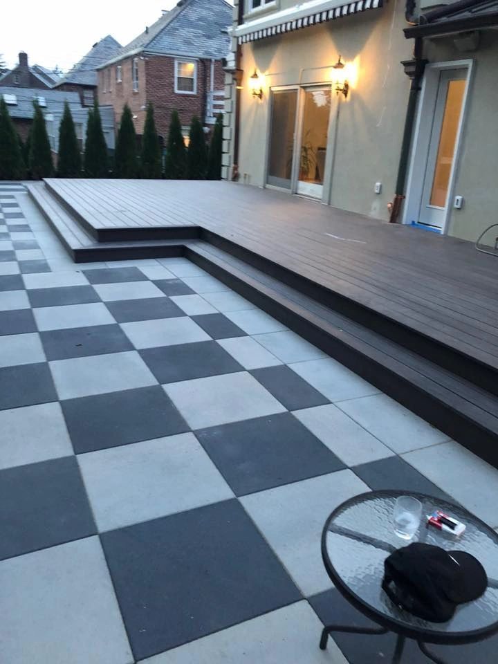 A black and white checkered floor with a table in the foreground