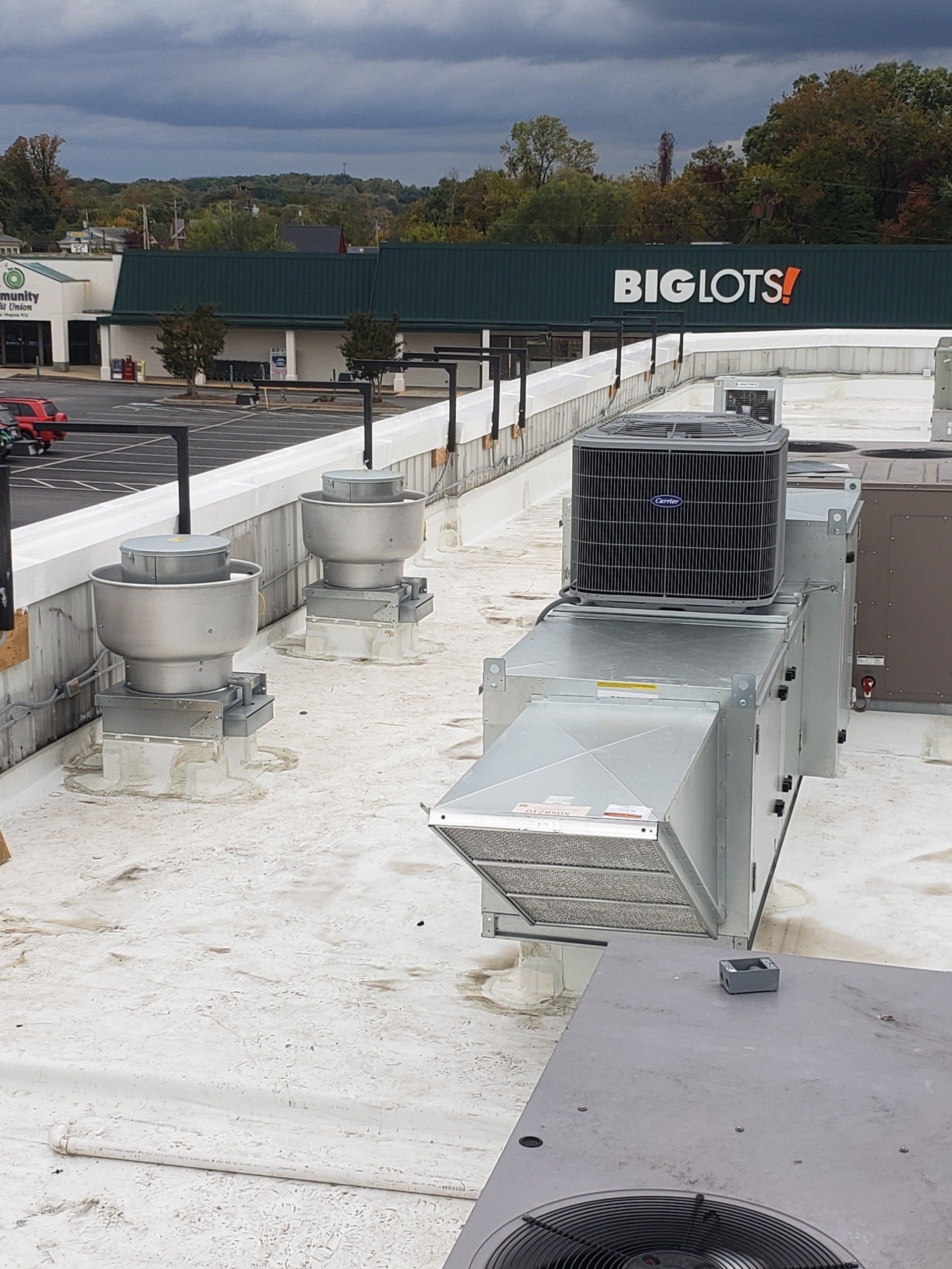 Kentucky Fried Chicken, Madison Hts. VA. 2 Ten foot Type 1 Range Hoods.  2 Exhaust Fans.  Rooftop Tempered Make-up Supply Air Fan.