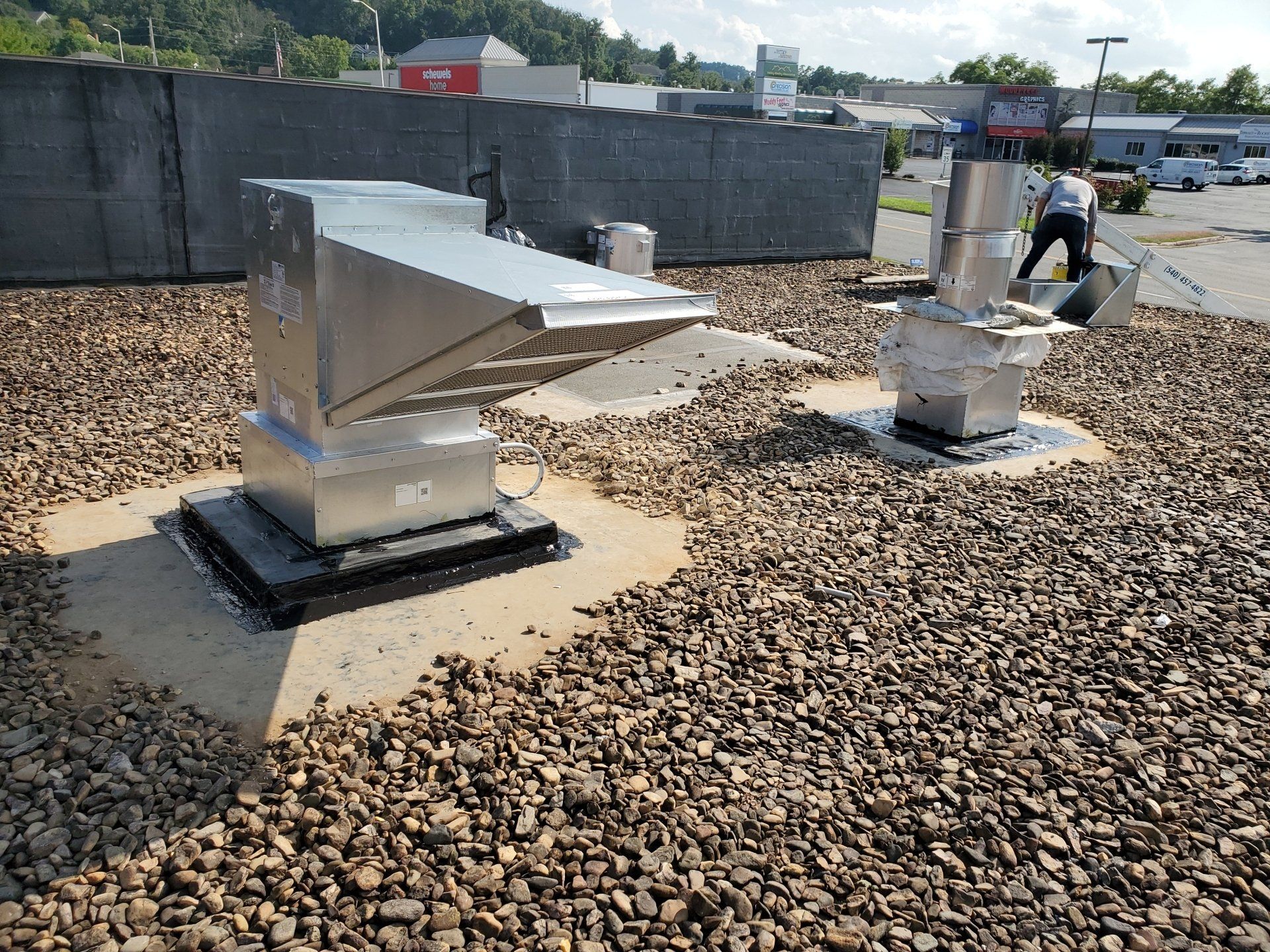 Hilal Market, Harrisonburg, VA. Ventilation Direct System including: Type One  8' Range Hood. Ventilation Direct Exhaust Fan Installation. Ventilation Direct Make-Up Supply Air Installation. Buckeye Fire Suppression System Installation. Control Panel, 1. Gas Line Installation. Stainless Steel Backsplash Installation.