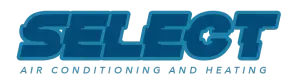 Logo for Select Air Conditioning and Heating: blue text on white background.