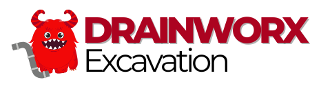 A logo for drainwork excavation with a red monster on it.