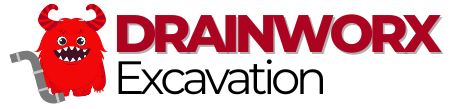 A logo for drainworx excavation with a red monster on it.