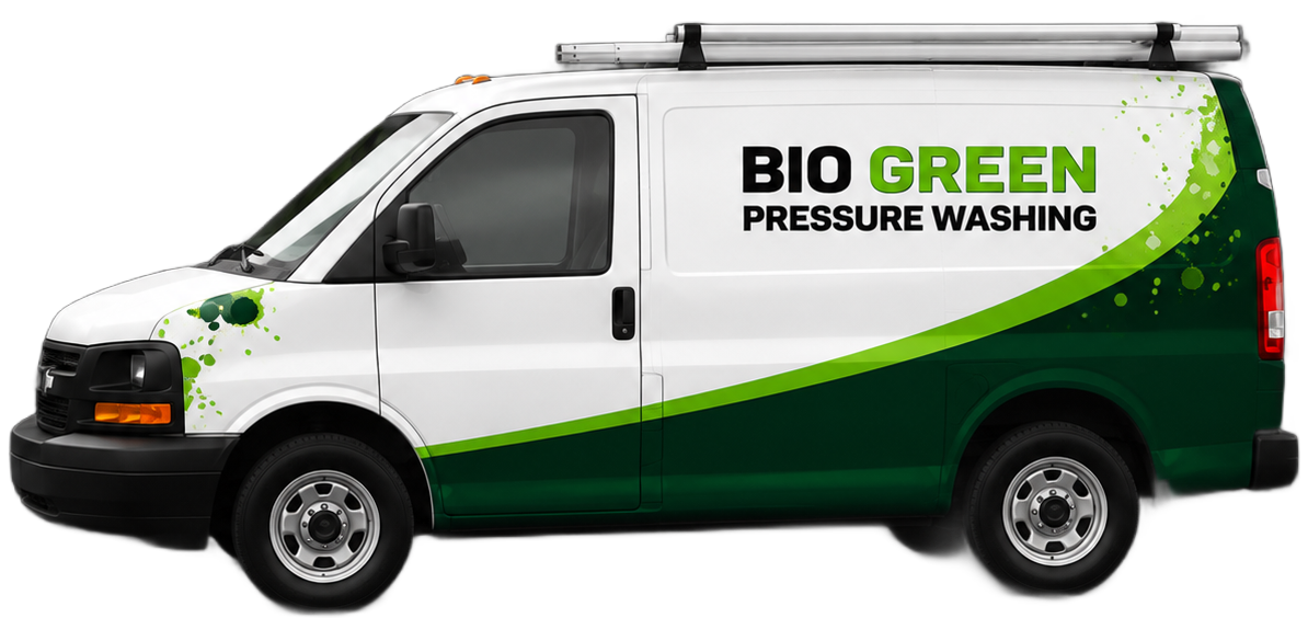 White and green Bio Green pressure washing van with company logo on the side