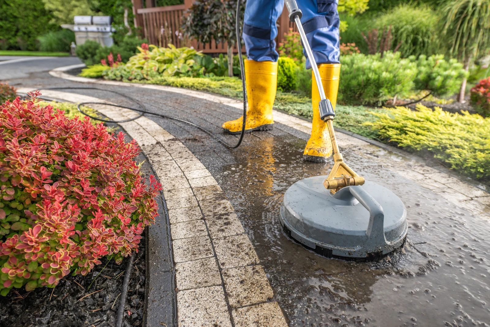 Person in yellow boots power washing a brick walkway in a garden setting.