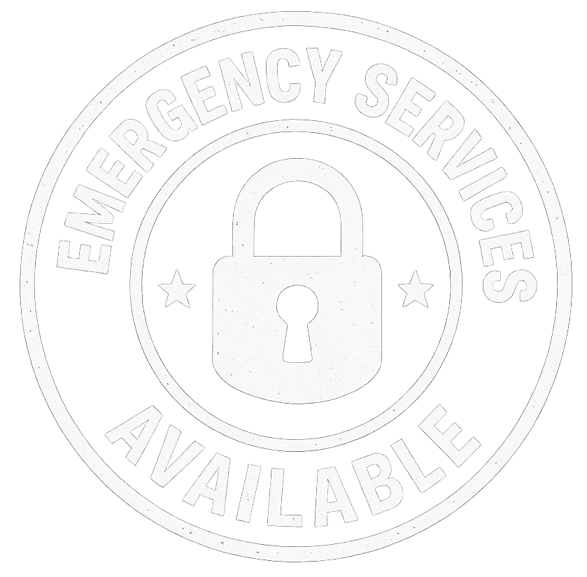 A white emergency services available stamp with a padlock in the center.