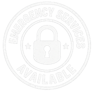 A white emergency services available stamp with a padlock in the center.