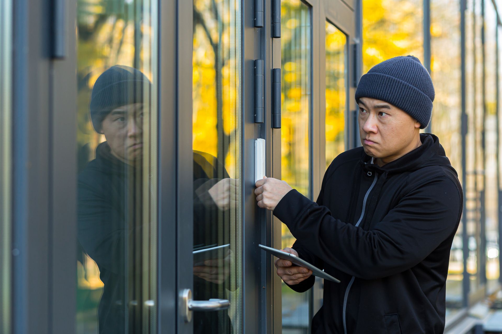 A man is trying to open a door with a screwdriver.