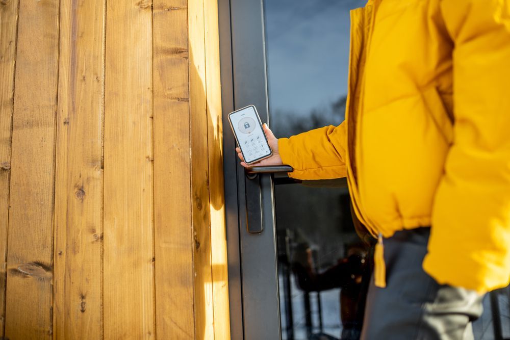 A person in a yellow jacket is using a smart phone to open a door.