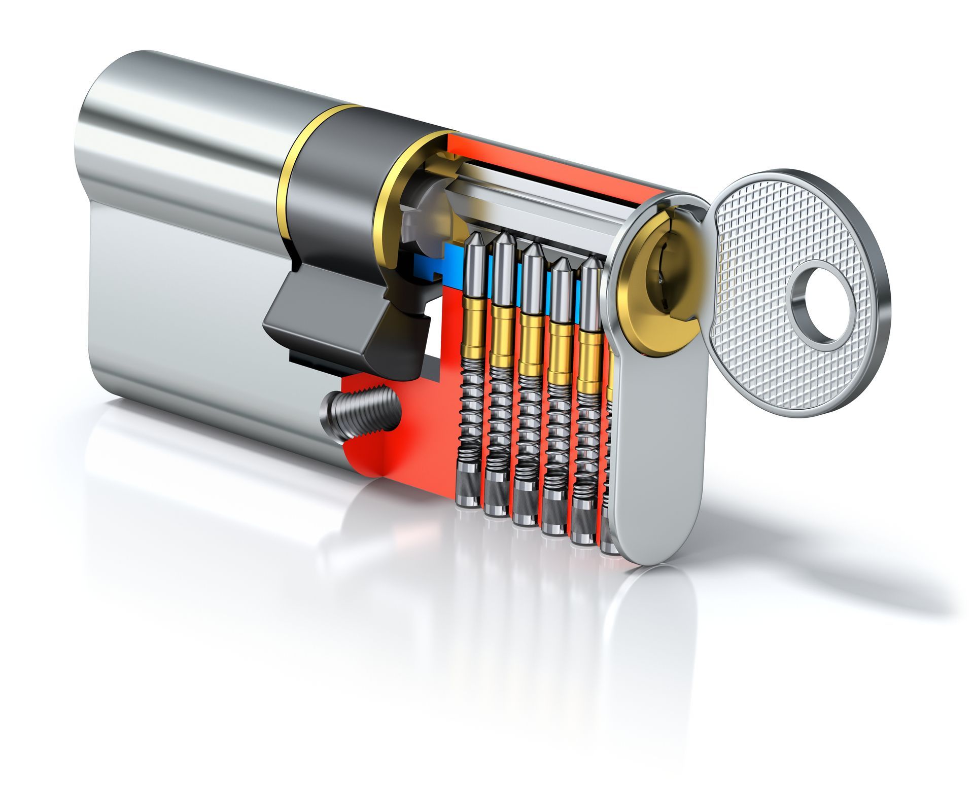 The inside of a lock with a key in it.