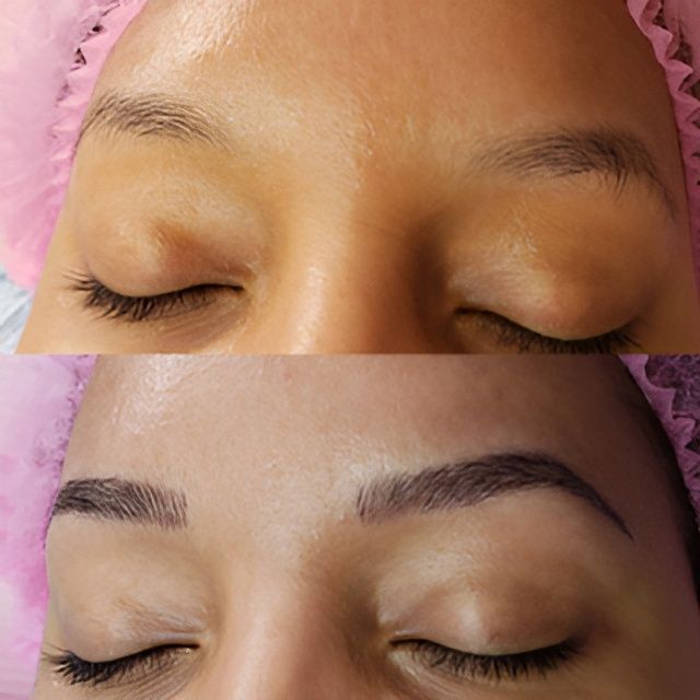 A before and after picture of a woman 's eyebrows.