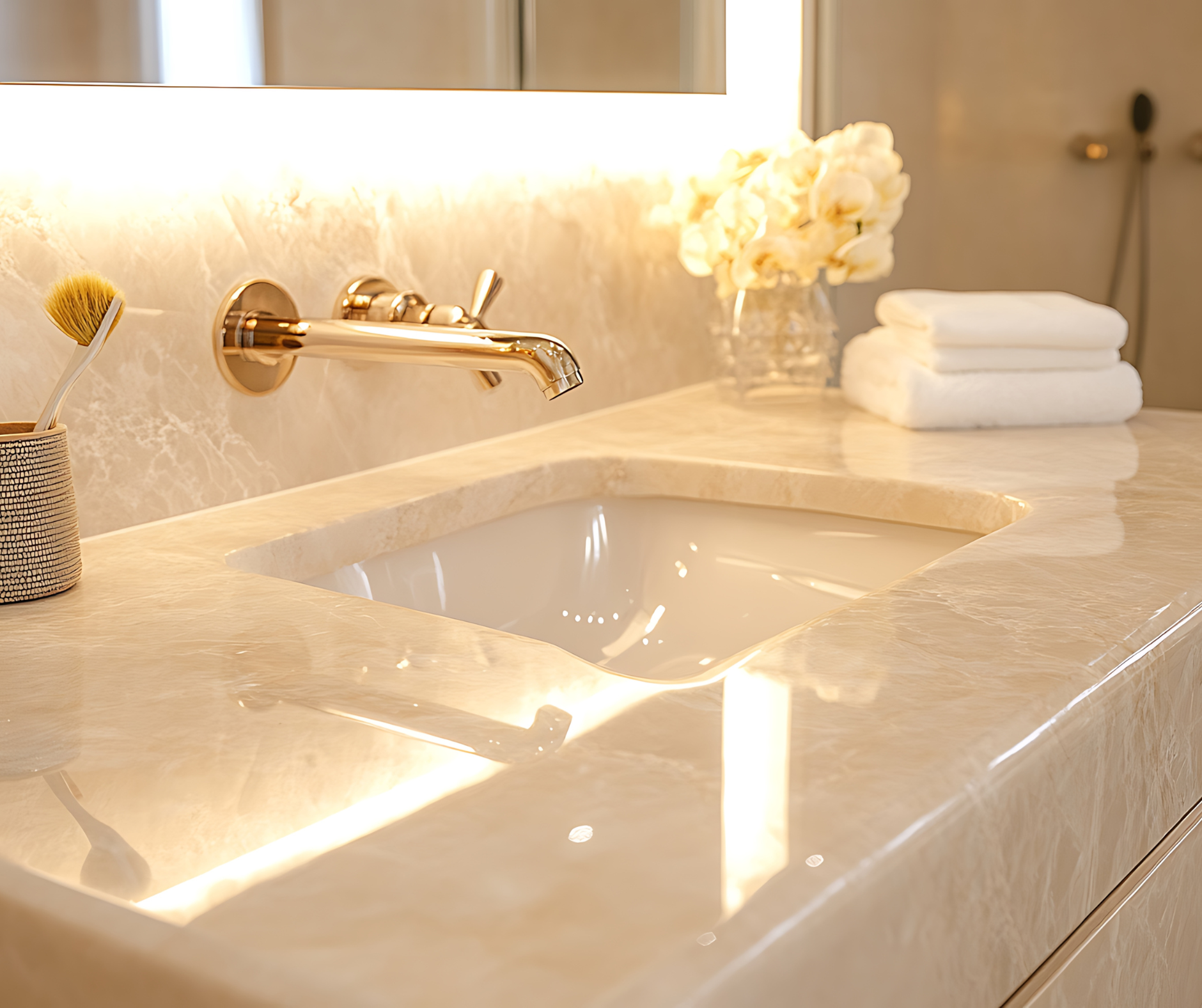 Bathroom sink with marble countertop, gold faucet, and stack of white towels.