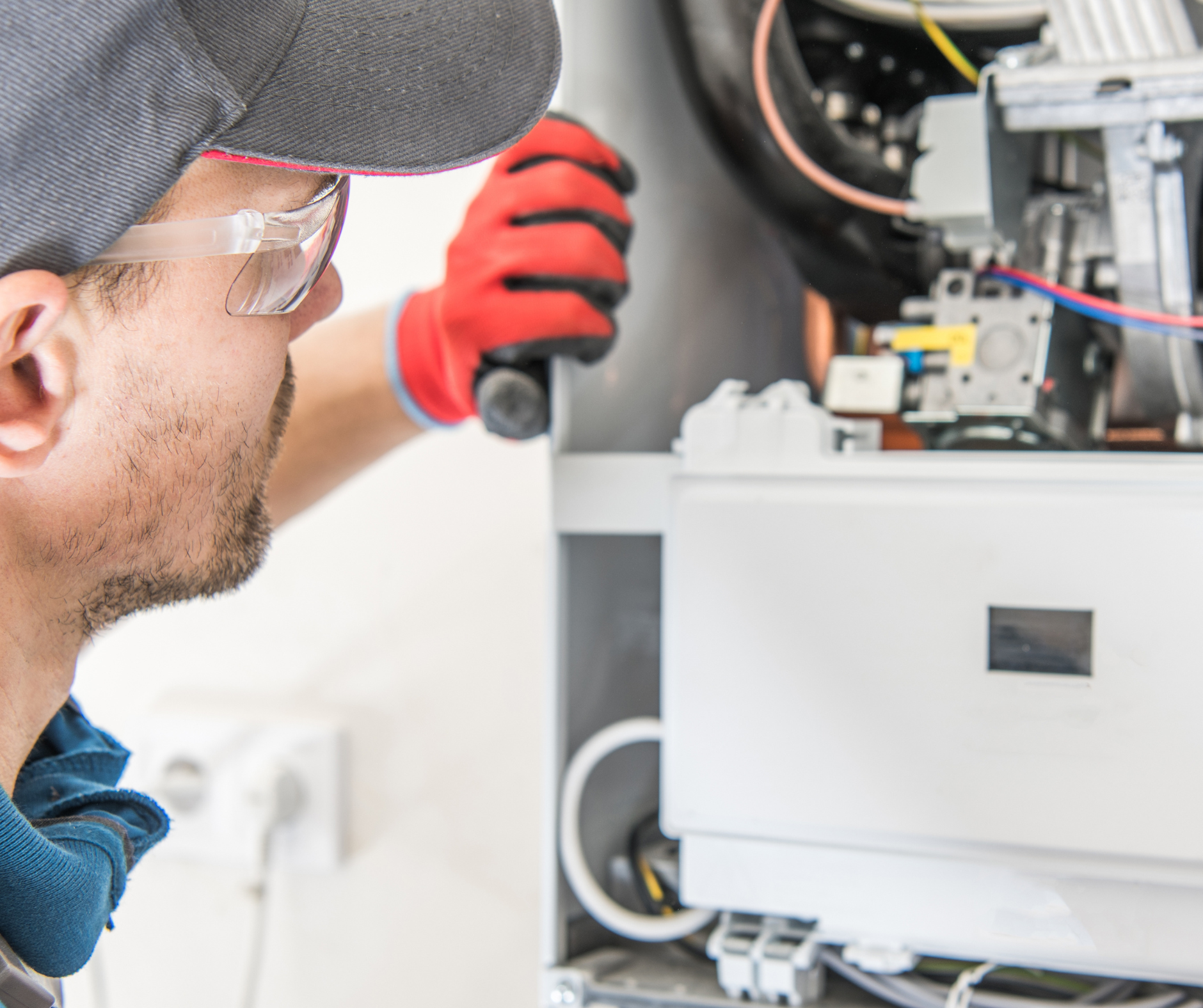 Technician with safety glasses and gloves working on a furnace.