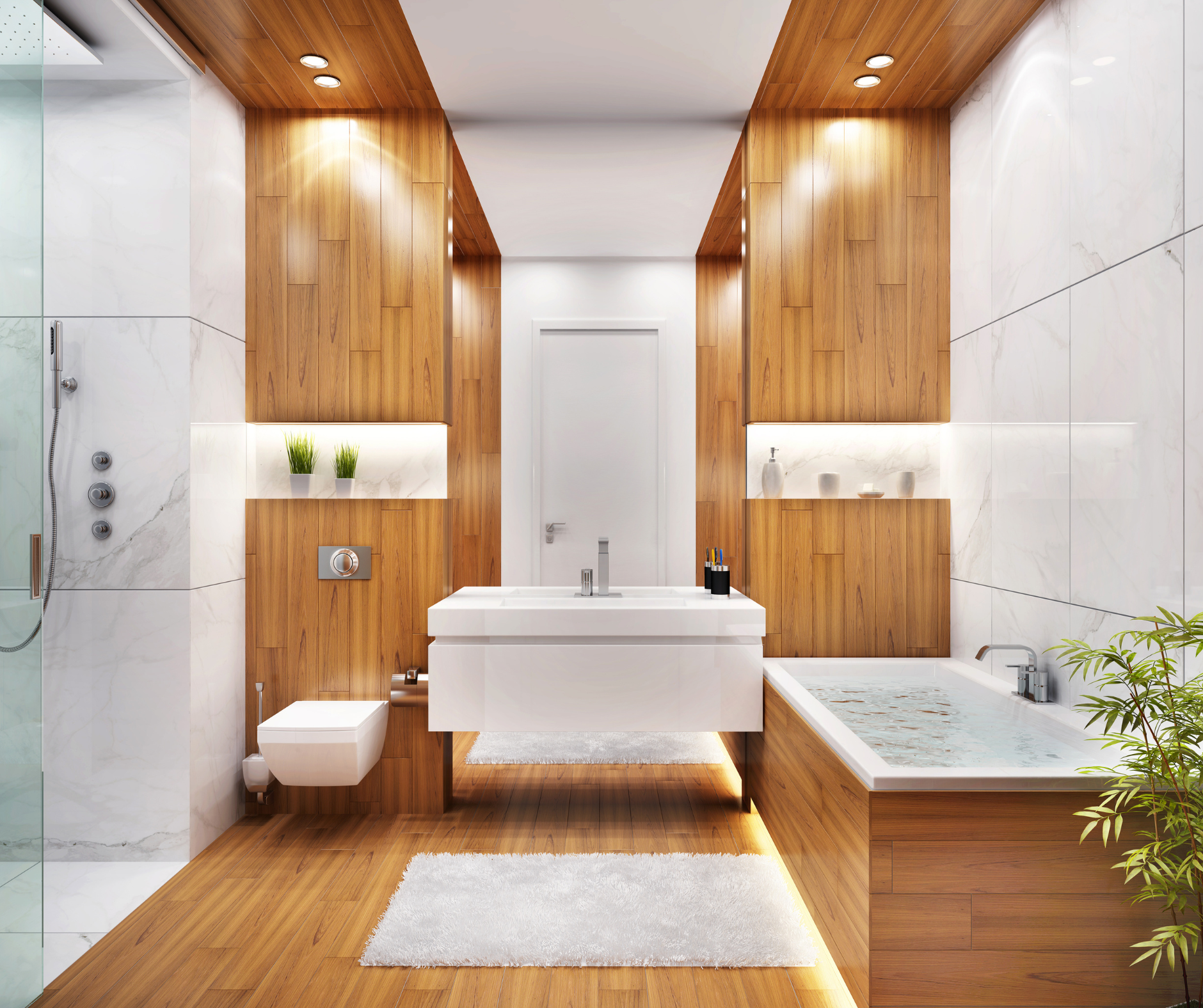 Modern bathroom with wood paneling, white walls, soaking tub, and floating vanity.