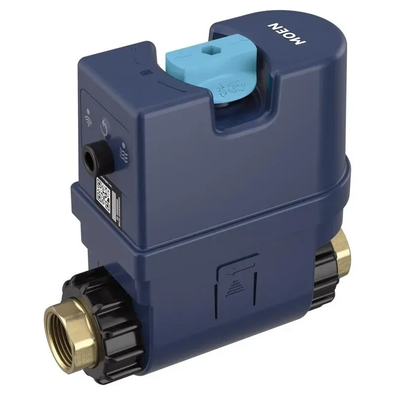 Blue Moen digital shower valve with a light blue control lever and gold pipe connections.