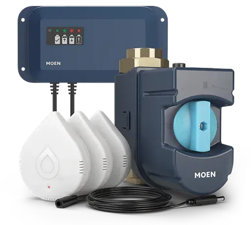 Moen smart water leak detector system. Includes water sensors, valve, and control panel, all in blue and white.