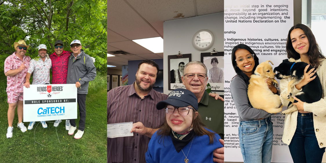 Group of people at a golf event, people in an office holding a check, and two women with puppies.