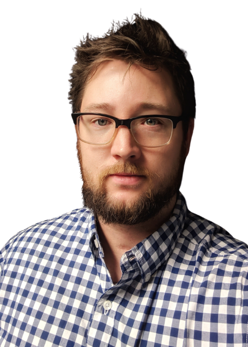 Man with glasses and beard in a blue and white checkered shirt; looking forward.