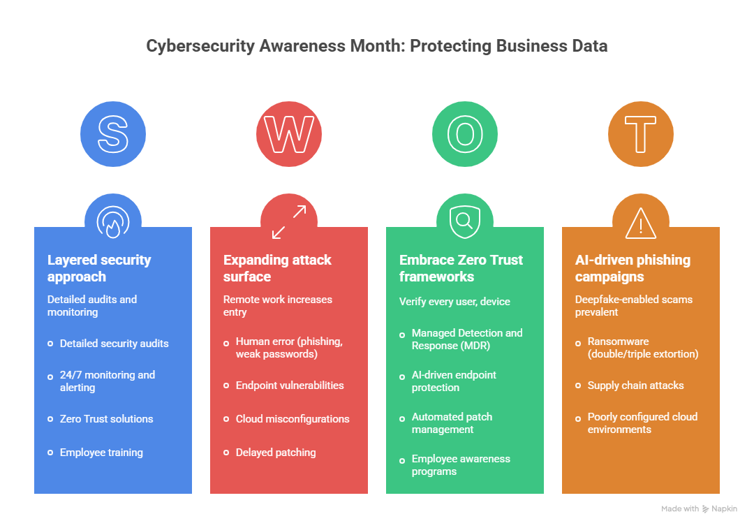 Cybersecurity Awareness Month infographic: Protecting business data with layered security, expanded attack surface, zero trust, and anti-phishing.